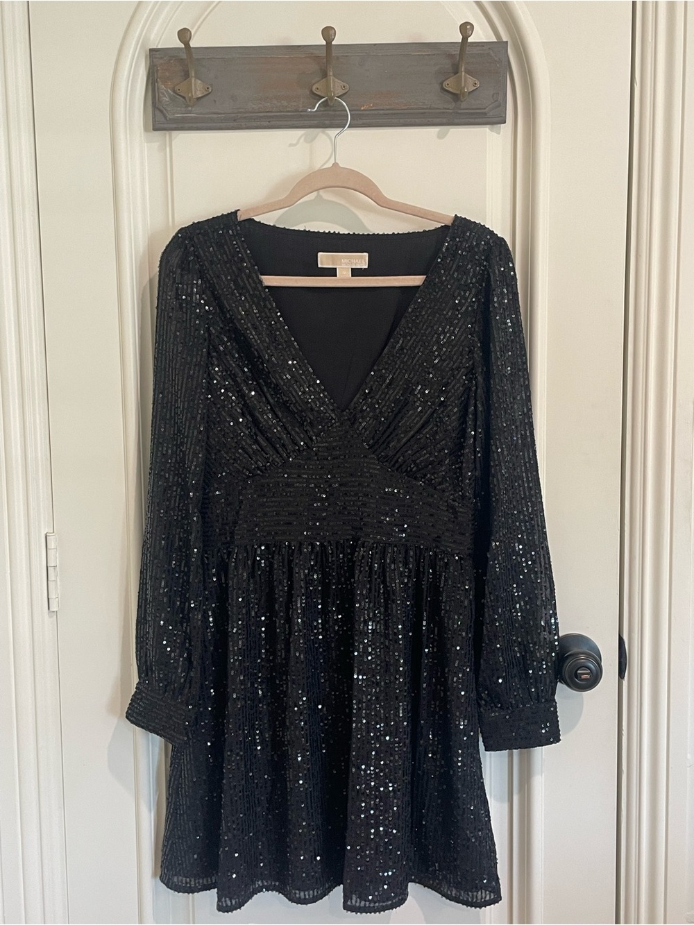 Michael Kors Black Long-Sleeve Sequined V-Neck Dress